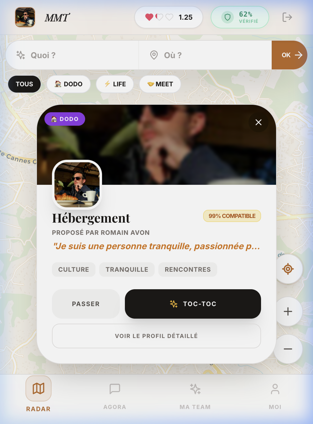 Profil utilisateur MeetMeThere avec badges de confiance