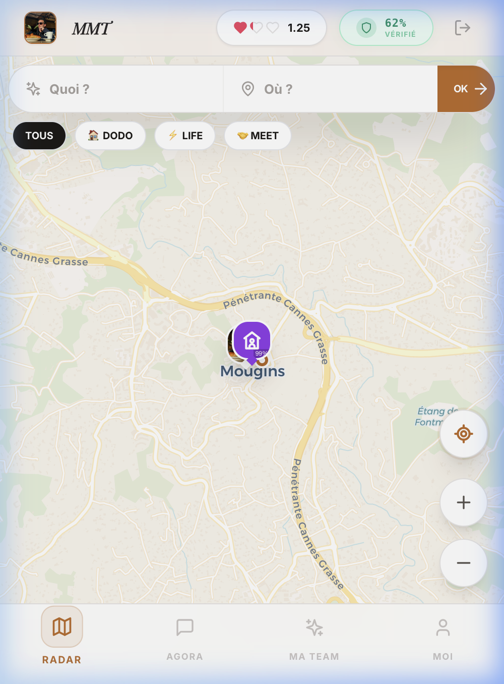 Interface du Radar MeetMeThere montrant les membres à proximité